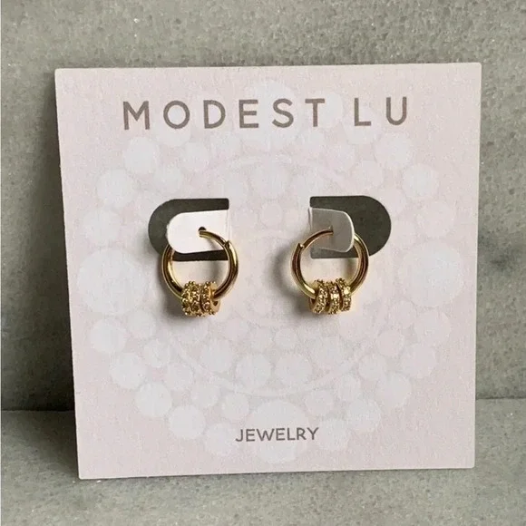 Gold Crystal Round Huggie Hoop Earrings Sterling Silver Brand New - Picture 3 of 4